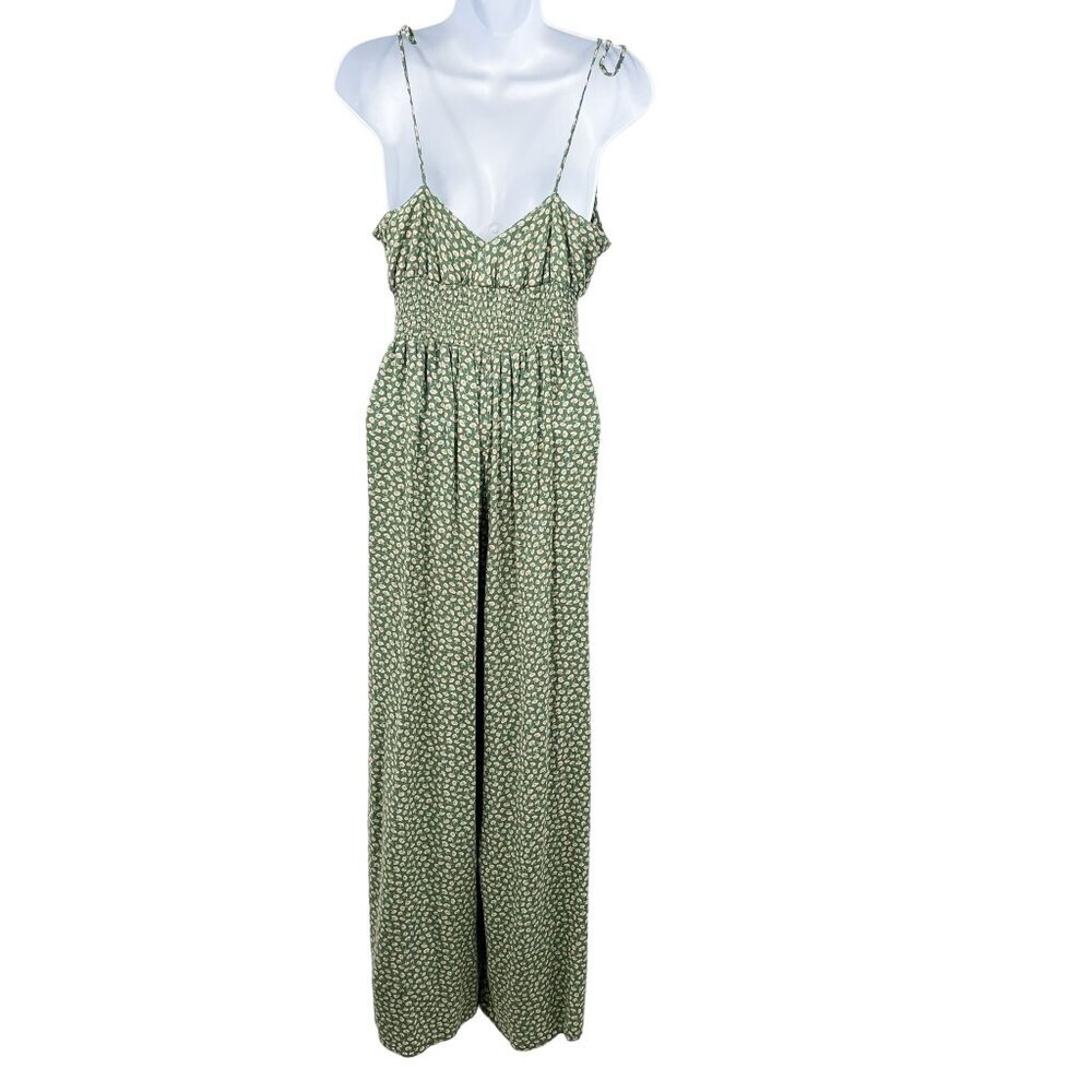 American Eagle Green Floral Smocked Tie Shoulder Sleeveless Jumpsuit Cottagecore - Picture 6 of 11